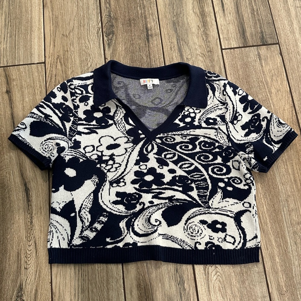 WAYF Navy and White Patterned knit Shirt